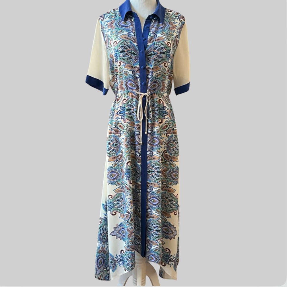 Johnny Was Cream and Blue High-Low Button-Front Midi Dress Size Small - Picture 12 of 16